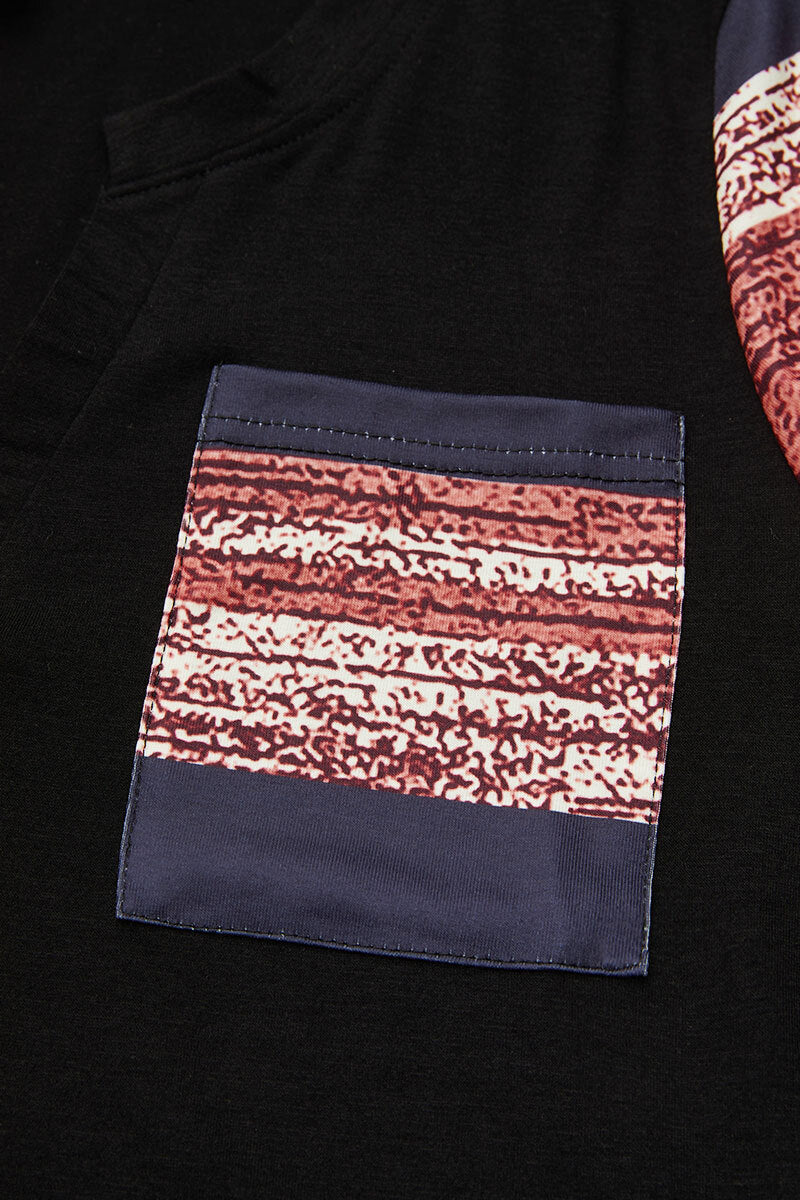 Striped Patch Pocket Notched Neck Long Sleeve T-Shirt