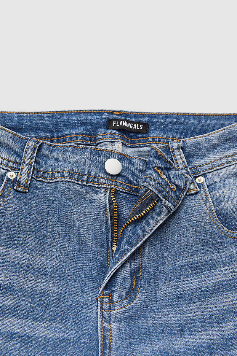 Raw Hem Embroidery Mid Waist Straight Leg Crop Jeans