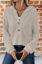 Waffle Knit Half Button Placket Drawstring Hooded Long Sleeve T-Shirt