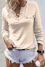 Solid Button Front Round Neck Long Sleeve T-Shirt