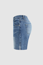 Split Raw Hem Mid Waist Denim Mid Thigh Shorts