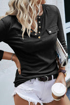 Solid Button Front Round Neck Long Sleeve T-Shirt