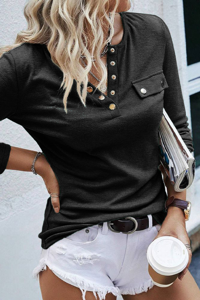 Solid Button Front Round Neck Long Sleeve T-Shirt