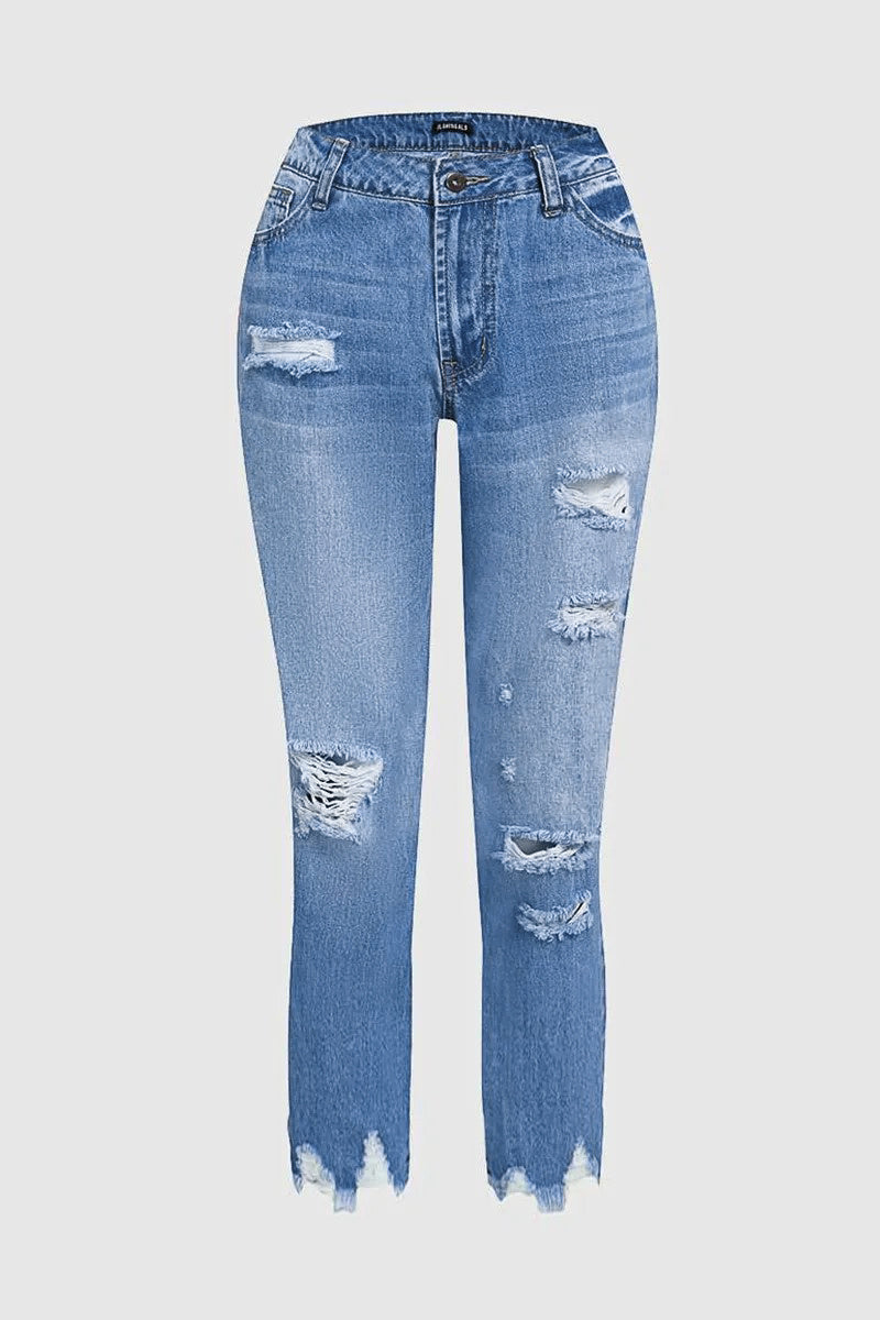 Wash Ripped Raw Hem Mid Rise Crop Jeans