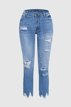 Wash Ripped Raw Hem Mid Rise Crop Jeans