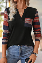 Striped Patch Pocket Notched Neck Long Sleeve T-Shirt