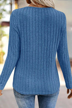 Solid Rib-Knit V Neck Long Sleeve T-Shirt