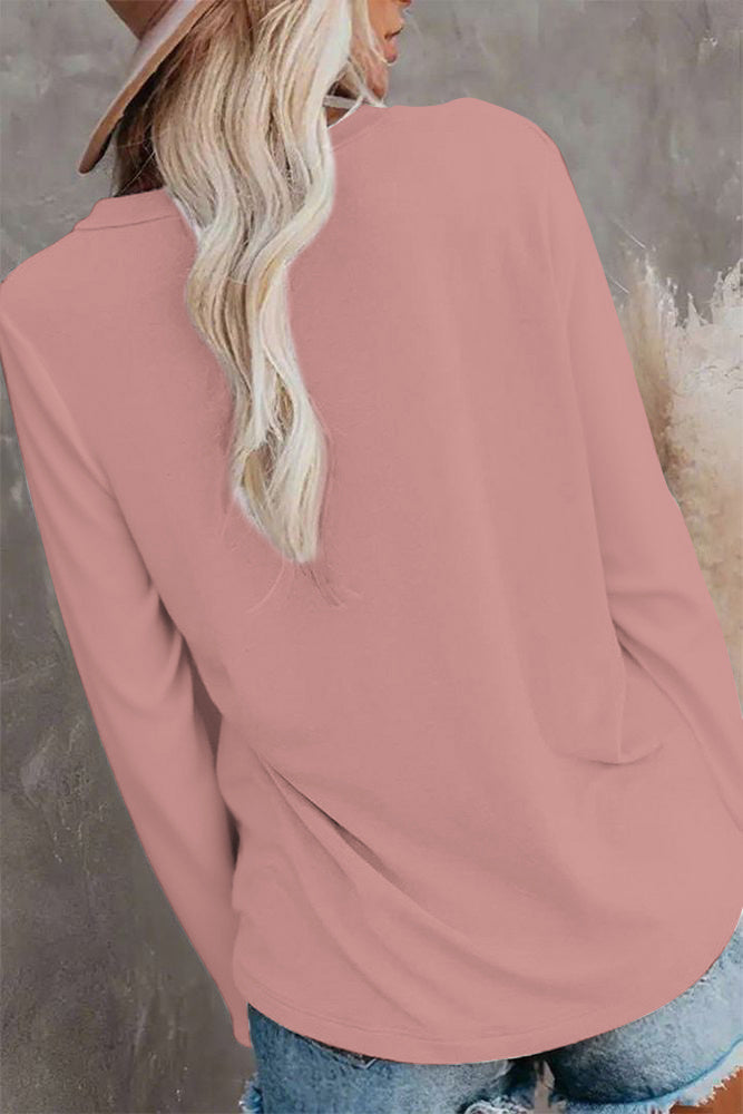 Solid Split Pocket Front V Neck Gathered Sleeve T-Shirt