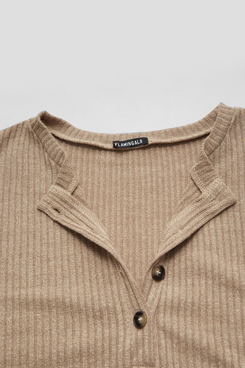 Solid Rib-Knit Half Button Long Sleeve T-Shirt