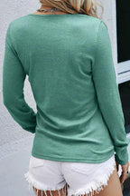 Solid Button Front Round Neck Long Sleeve T-Shirt