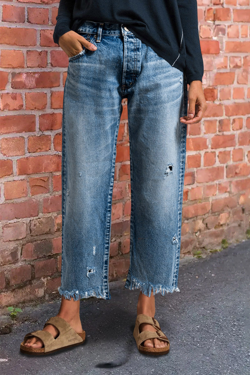 Wash Raw Hem Ripped Mid Rise Crop Barrel Leg Jeans