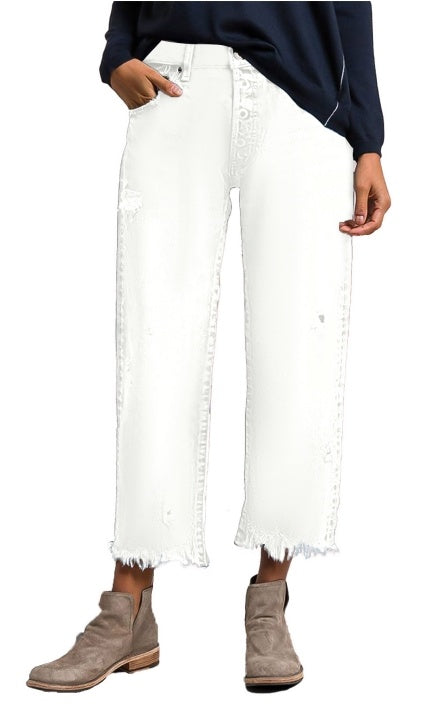 Wash Raw Hem Ripped Mid Rise Crop Barrel Leg Jeans
