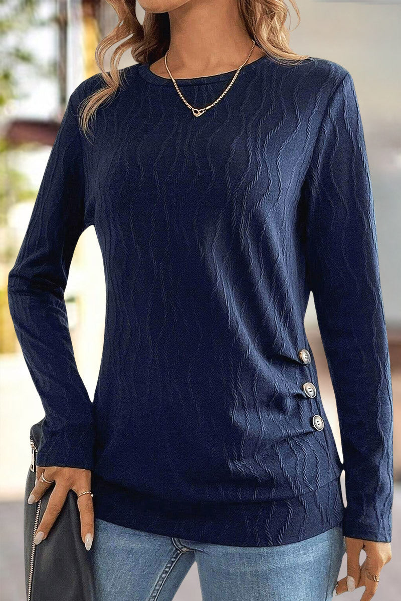 Textured Button Side Round Neck Long Sleeve T-Shirt