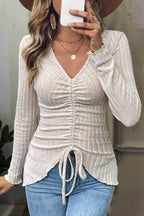 Rib Knit Drawstring Lettuce Trim V Neck Long Sleeve T-Shirt