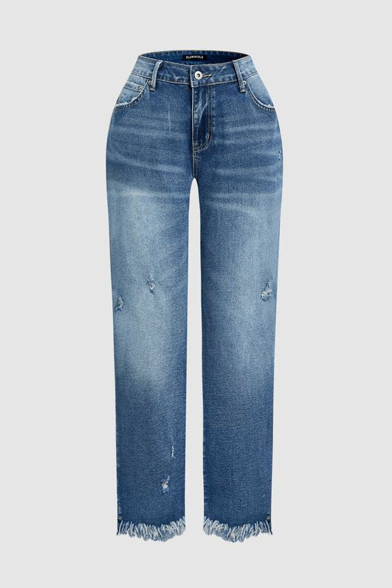 Wash Raw Hem Ripped Mid Rise Crop Barrel Leg Jeans