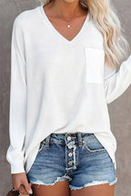 Solid Split Pocket Front V Neck Gathered Sleeve T-Shirt