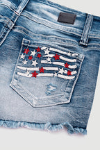 American Flag Patched Button Fly Cut Out Denim Shorts
