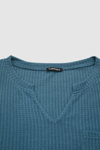 Waffle Knit Pocket Front Notched Neck Long Sleeve T-Shirt