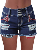 American Flag Patched Button Fly Cut Out Denim Shorts