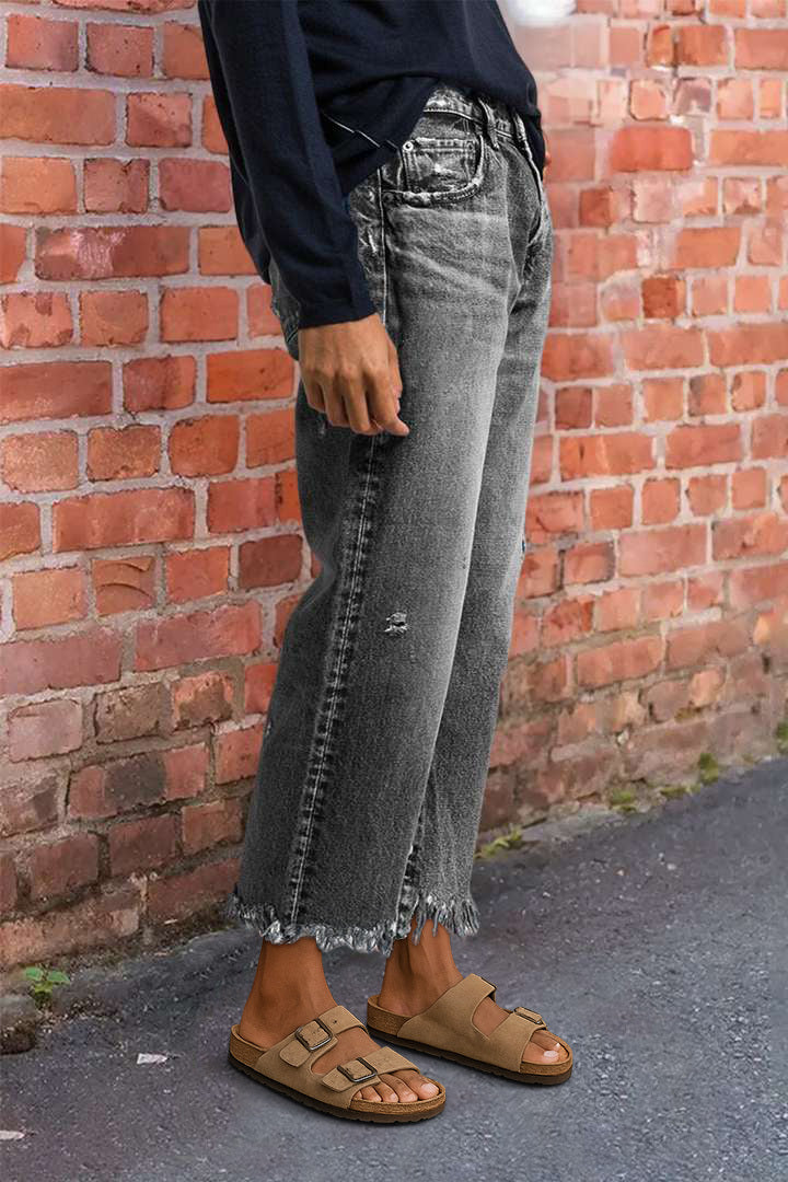 Wash Raw Hem Ripped Mid Rise Crop Barrel Leg Jeans
