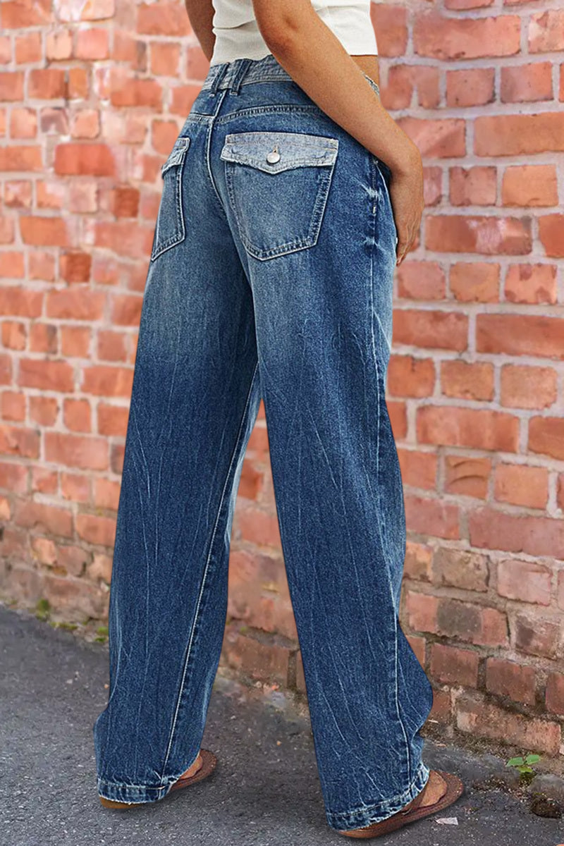 Colorblock Flap Pocket Back Low Rise Straight Leg Jeans