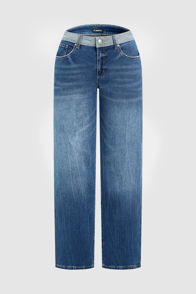 Colorblock Flap Pocket Back Low Rise Straight Leg Jeans