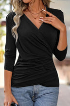 Solid Wrap Ruched V Neck Long Sleeve T-Shirt