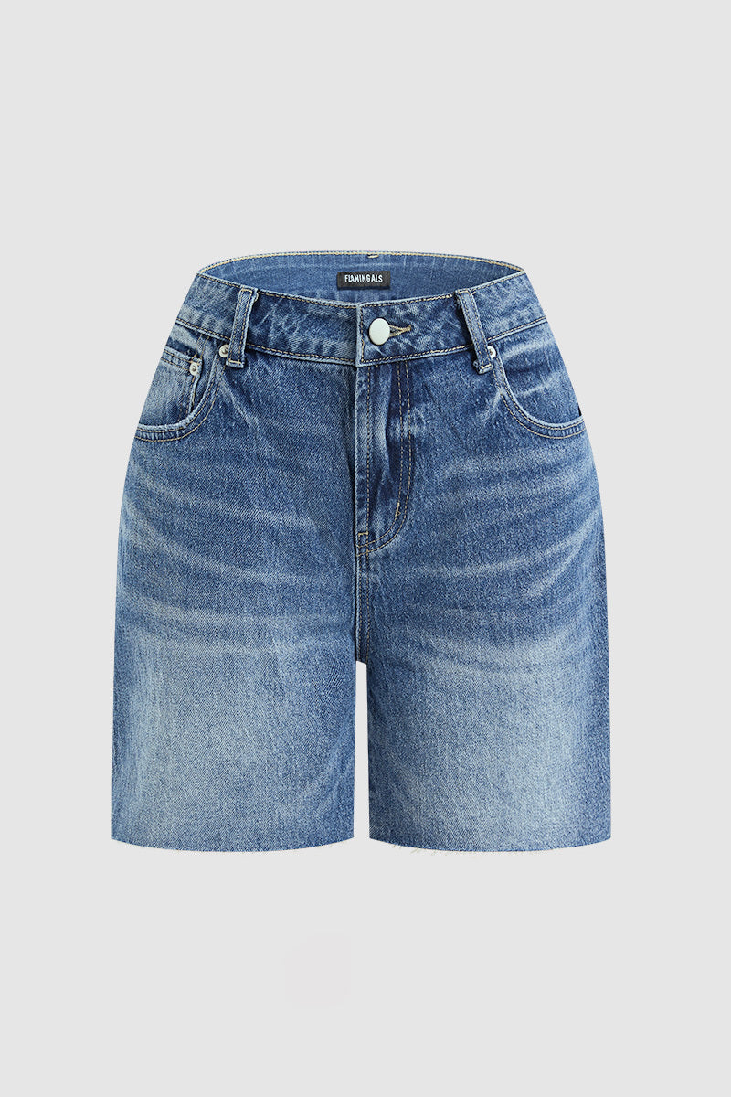 Split Raw Hem Mid Waist Denim Mid Thigh Shorts