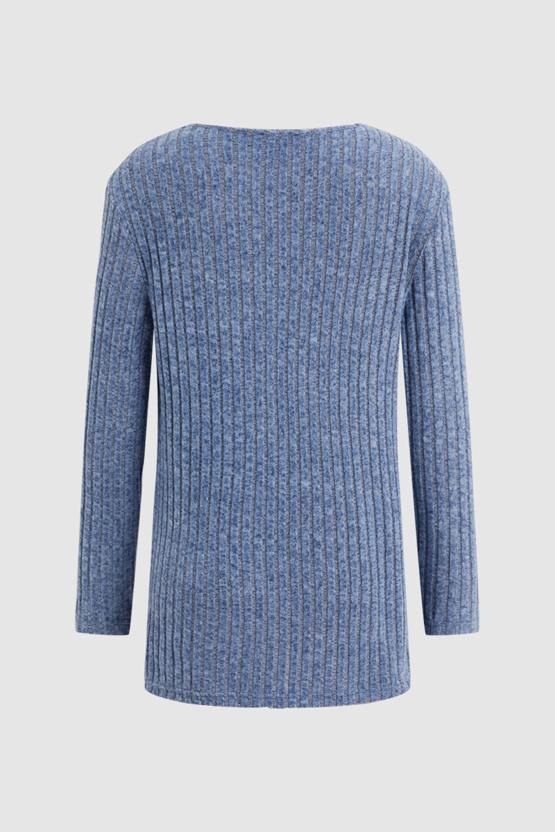 Solid Ribbed Split Side Button Up Long Sleeve Cardigan