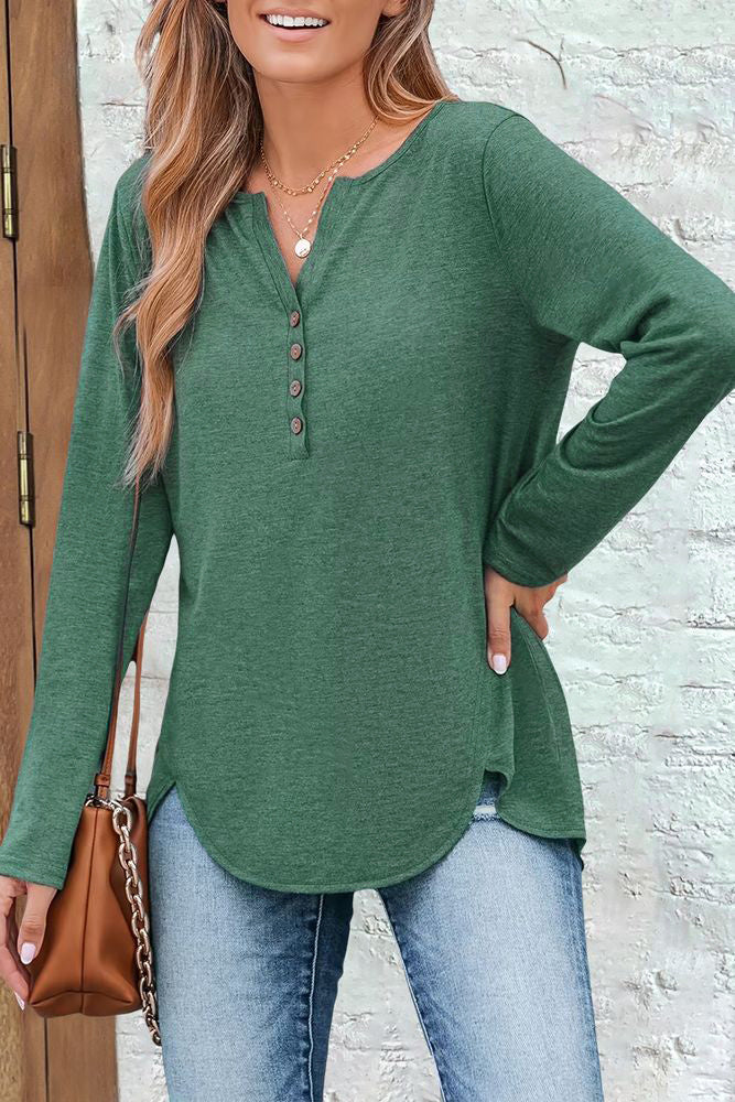 Button Front Scallop Hem Notched Neck Long Sleeve T-Shirt