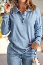 Solid Rib Knit Button Front Long Sleeve T-Shirt