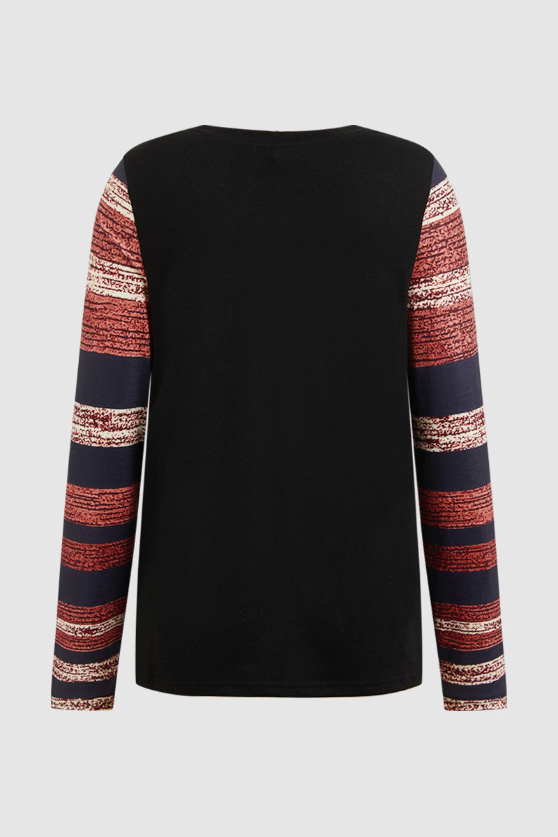 Striped Patch Pocket Notched Neck Long Sleeve T-Shirt