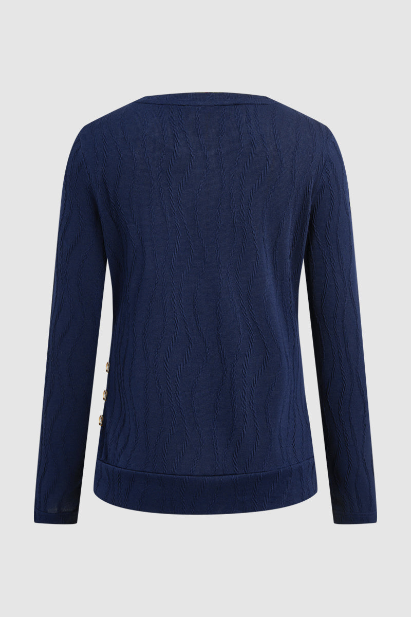 Textured Button Side Round Neck Long Sleeve T-Shirt