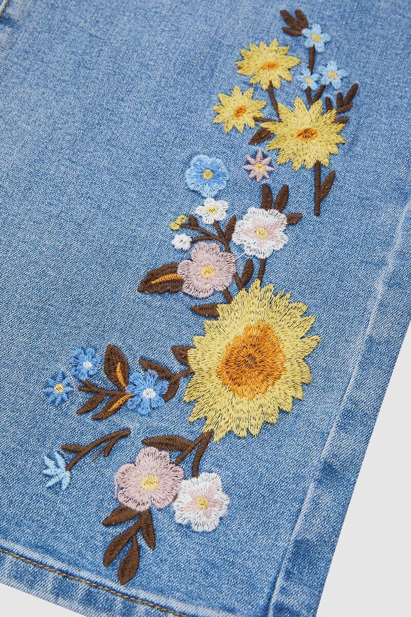 Wash Floral Embroidery Mid Rise Straight Leg Jeans