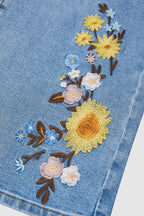 Wash Floral Embroidery Mid Rise Straight Leg Jeans
