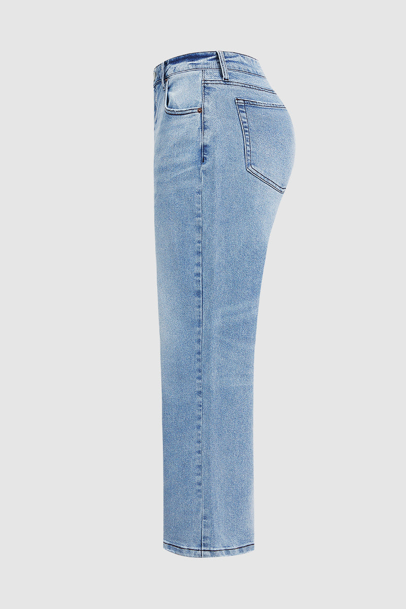 Wash Stretchy Mid Waist Straight Leg Jeans