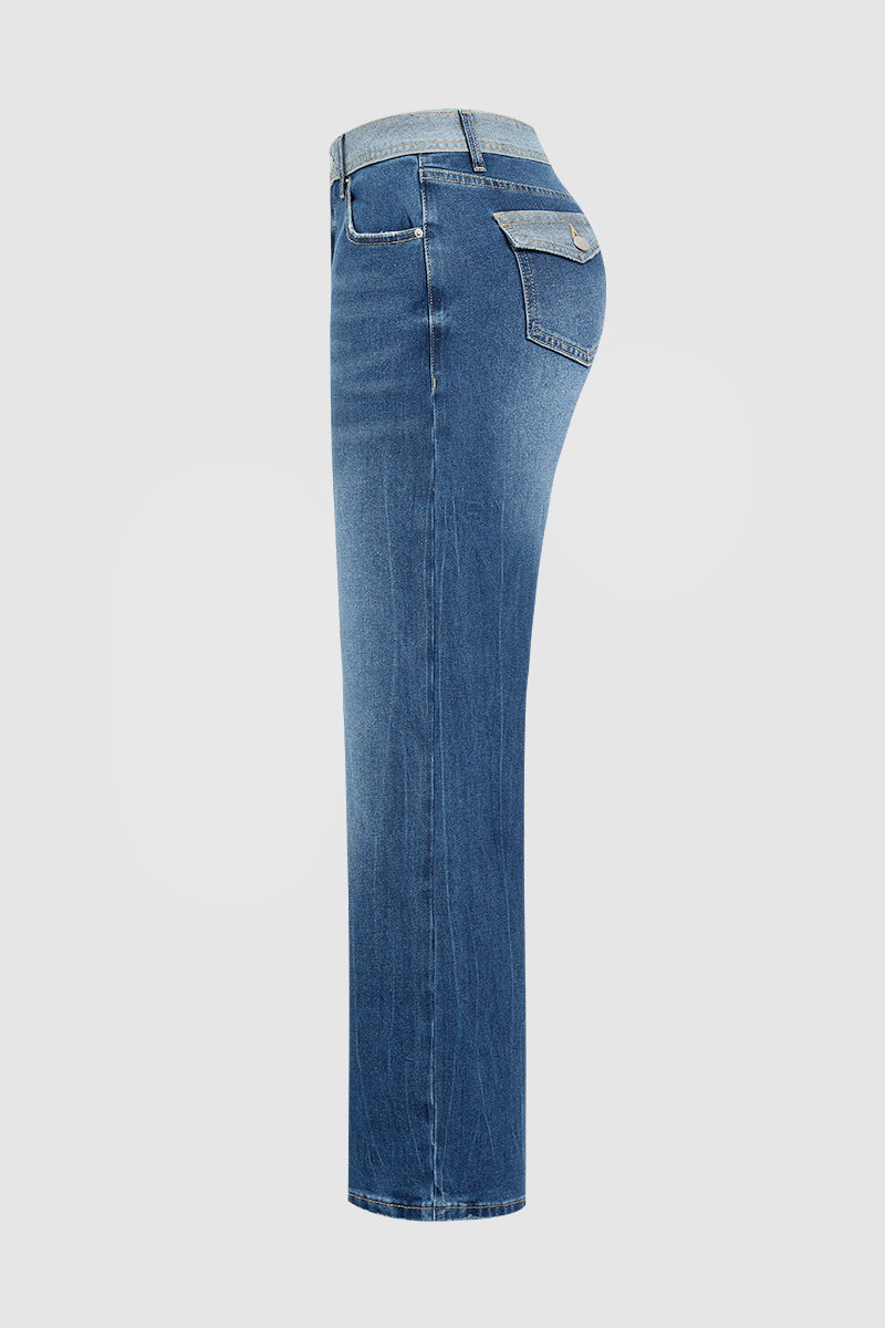 Colorblock Flap Pocket Back Low Rise Straight Leg Jeans