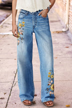 Wash Floral Embroidery Mid Rise Straight Leg Jeans
