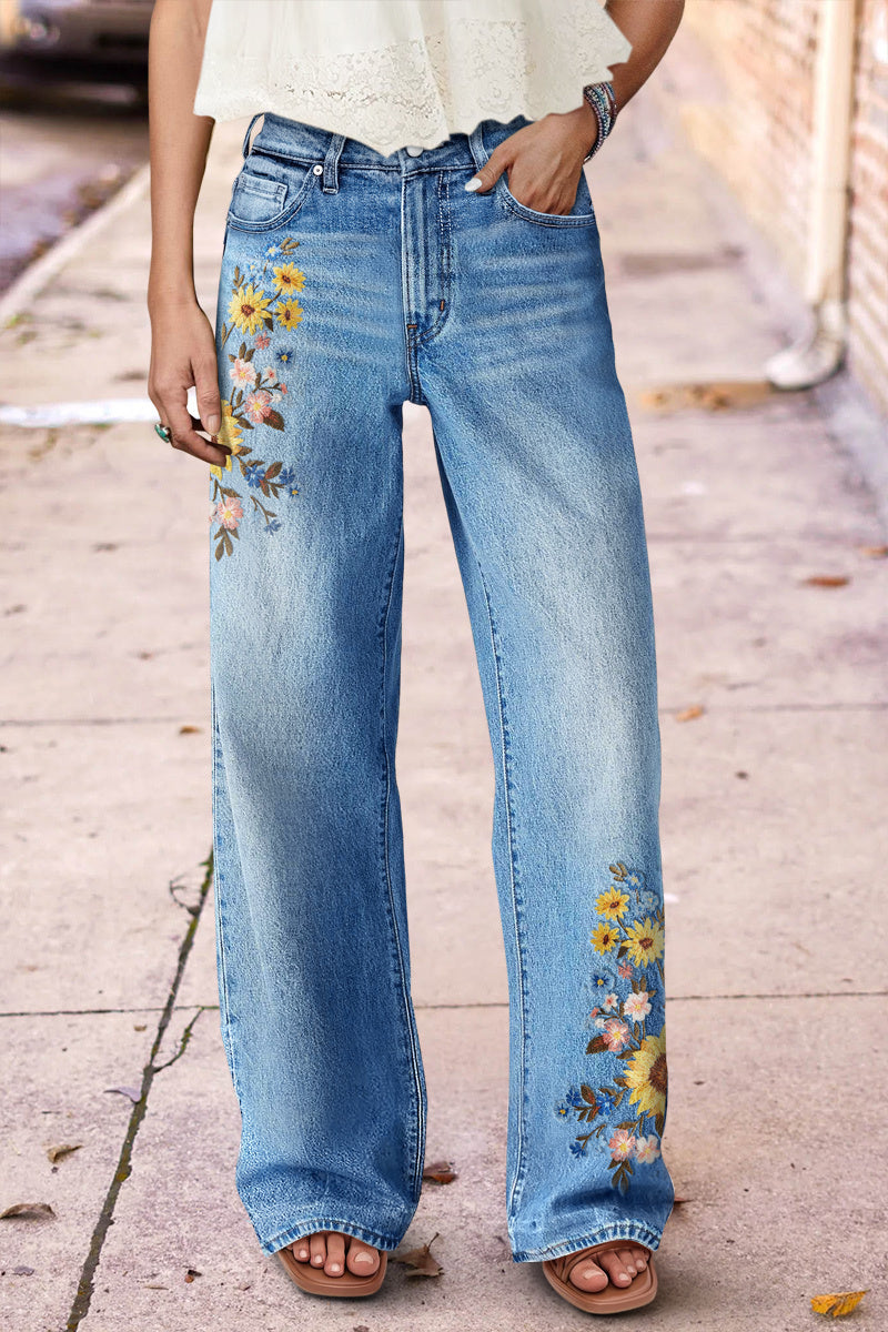 Wash Floral Embroidery Mid Rise Straight Leg Jeans