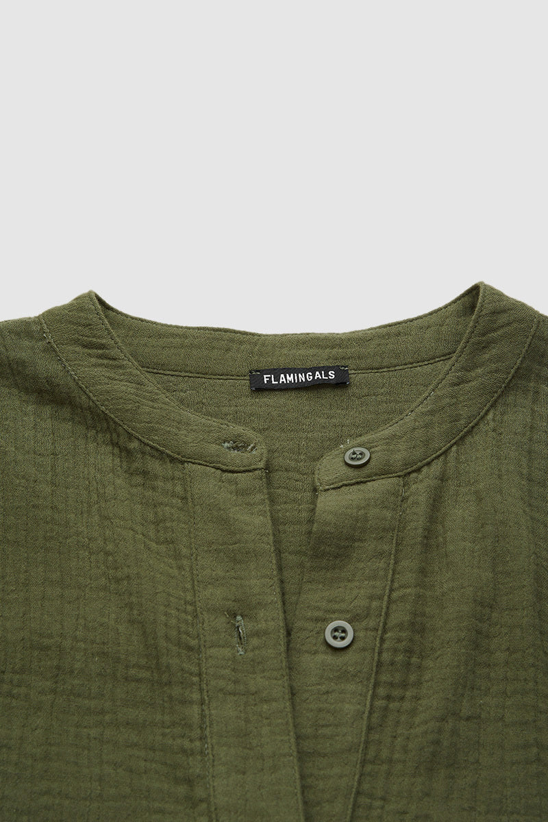 Solid Button Front High Neck Long Sleeve Blouse