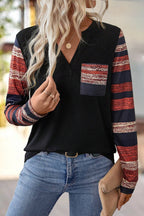 Striped Patch Pocket Notched Neck Long Sleeve T-Shirt