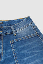 Wash Patch Pocket Raw Hem Mid Rise Straight Leg Jeans Without Belt