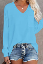 Solid Split Pocket Front V Neck Gathered Sleeve T-Shirt