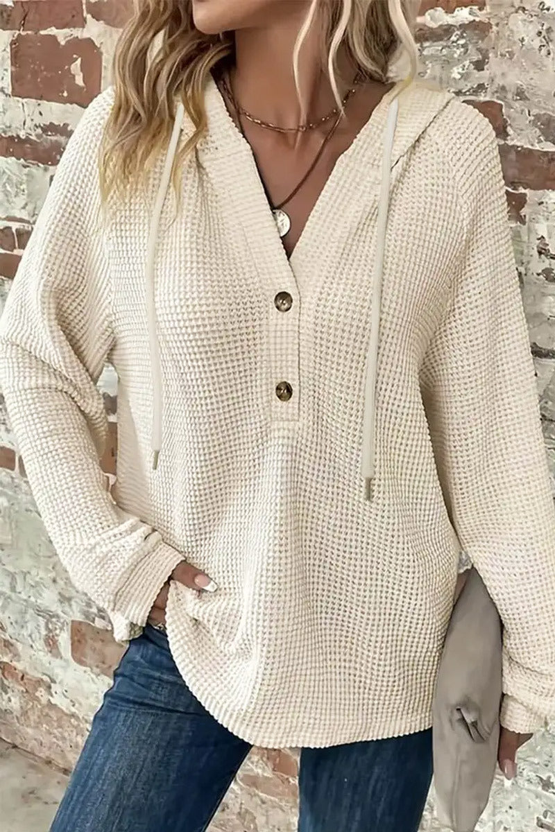 Waffle Knit Half Button Placket Drawstring Hooded Long Sleeve T-Shirt