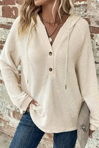 Waffle Knit Half Button Placket Drawstring Hooded Long Sleeve T-Shirt