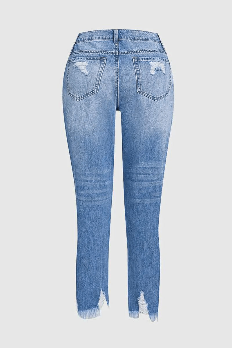 Wash Ripped Raw Hem Mid Rise Crop Jeans