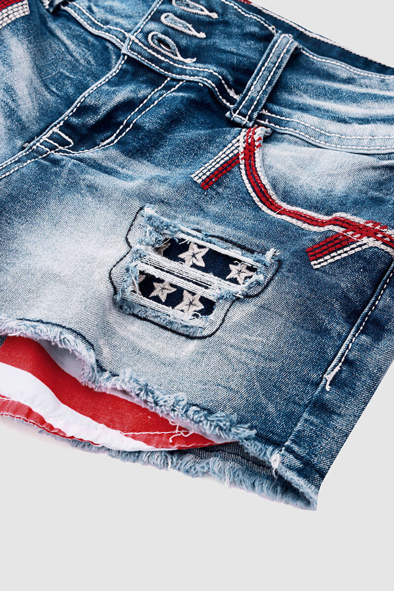 American Flag Patched Button Fly Cut Out Denim Shorts