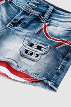 American Flag Patched Button Fly Cut Out Denim Shorts