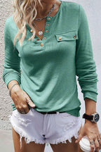 Solid Button Front Round Neck Long Sleeve T-Shirt