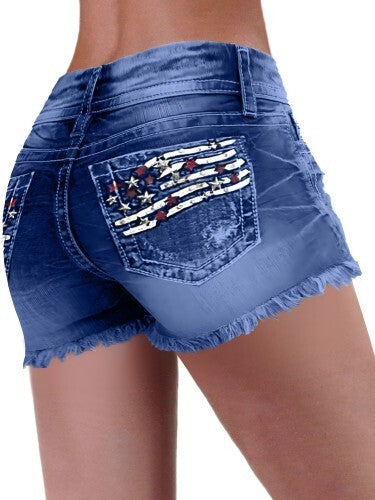 American Flag Patched Button Fly Cut Out Denim Shorts